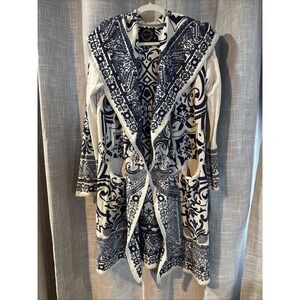 Johnny Was Biya Embroidered Duster Cardigan Jacket Hooded Women's Size S Navy Cr